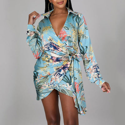 Floral Print V-Neck Long Sleeve Belted Shirt Dress
