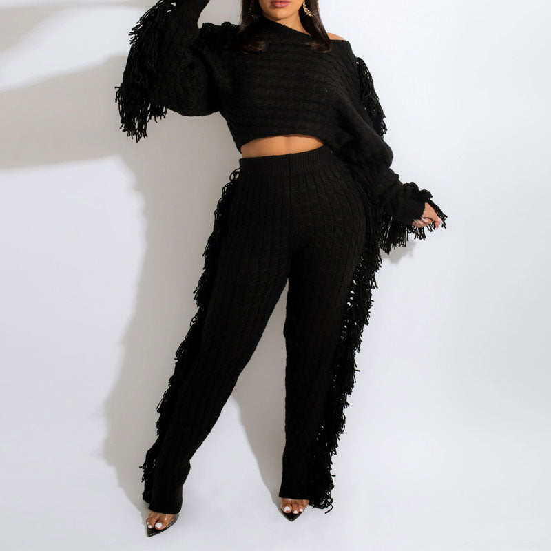 Solid Tassel Design Knitted Top & Pants Set