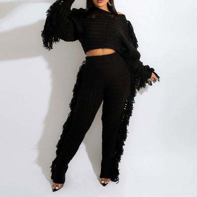Solid Tassel Design Knitted Top & Pants Set