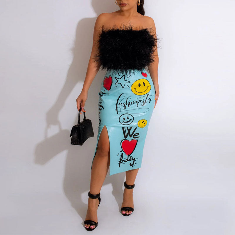 Print High Waist Slit Skirt