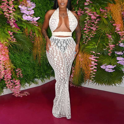 Print Sleeveless Halter Sheer Mesh Two Piece Pants Set