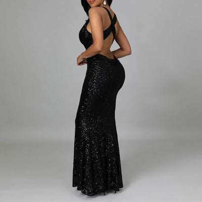Sequins Deep V-Neck Sleeveless Maxi Dress