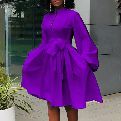 Solid Lantern Sleeve Button Detailed Pleated Dress