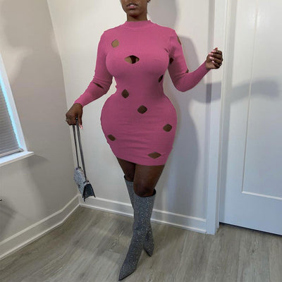 Solid Long Sleeve Hollow Out Bodycon Dress