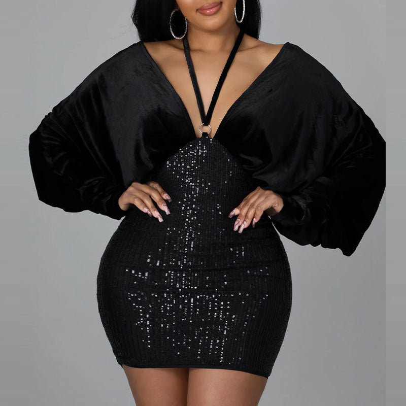 Velvet Deep V-Neck Sequins Patchwork Bandage Bodycon Dress