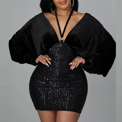 Velvet Deep V-Neck Sequins Patchwork Bandage Bodycon Dress