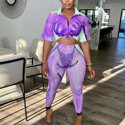 Print Short Sleeve Crop Top & Pants Set