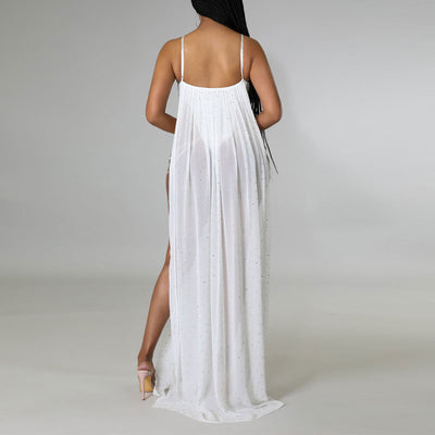 Rhinestone Sleeveless Cut Out Sheer Mesh Bodysuit Dress