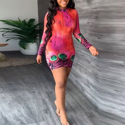 Print Long Sleeve Bodycon Dress