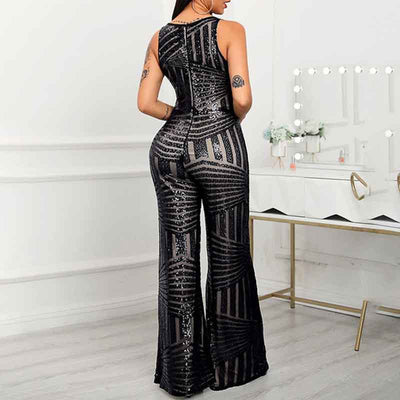 Sequins Round Neck Sleeveless Wide Leg Jumpsuit