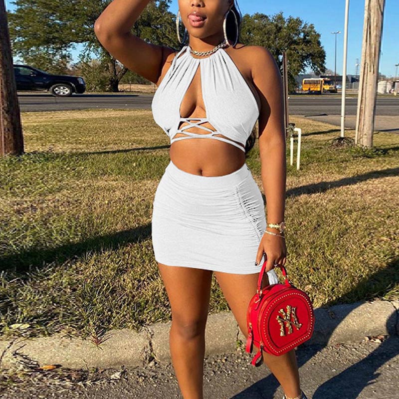 Solid Halter Sleeveless Hollow Out Bandage Two Piece Skirt Set