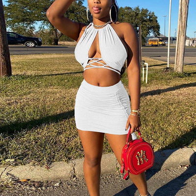 Solid Halter Sleeveless Hollow Out Bandage Two Piece Skirt Set