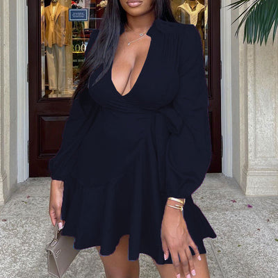Solid Deep V-Neck Long Sleeve Ruffle Design Mini Dress