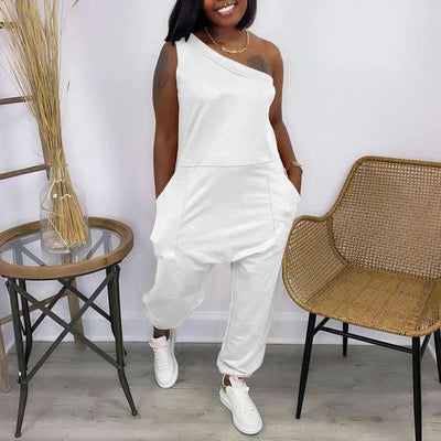 Solid Sleeveless One Shoulder Loose Jumpsuit