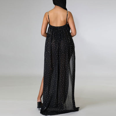 Rhinestone Sleeveless Cut Out Sheer Mesh Bodysuit Dress