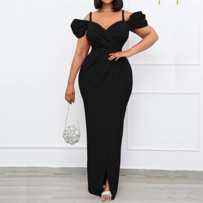 Solid Cold Shoulder Sleeveless Spaghettie Strap Maxi Dress