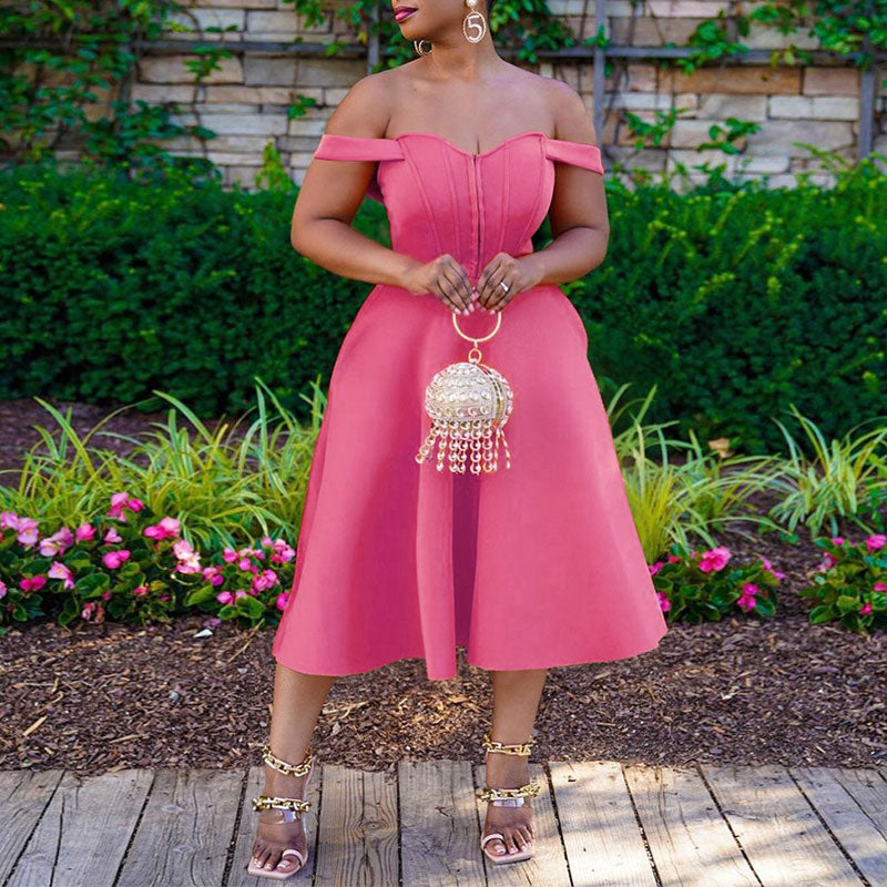 Solid Off Shoulder Sleeveless Big Swing Midi Dress