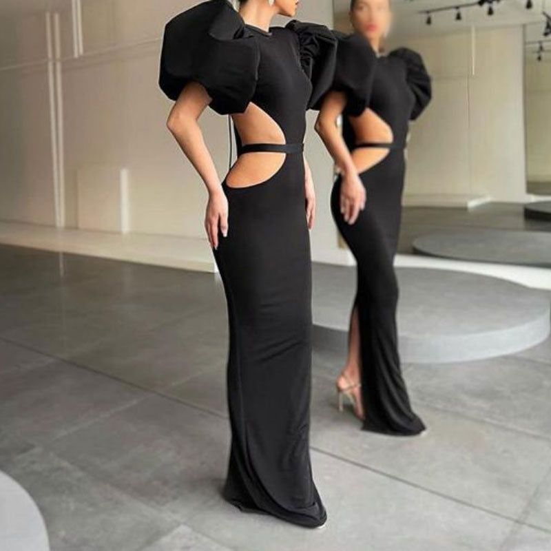 Solid Puff Sleeve Backless Cut Out Maxi Dress