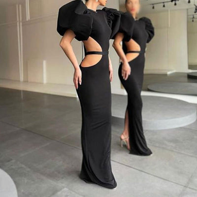 Solid Puff Sleeve Backless Cut Out Maxi Dress