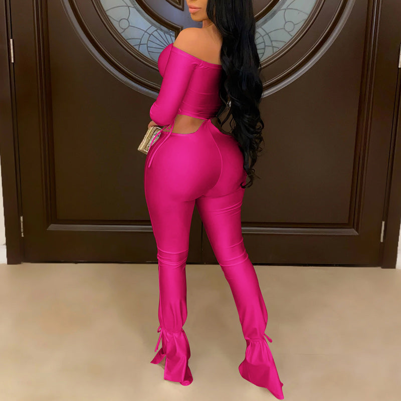 Solid Off Shoulder Long Sleeve Top & Stacket Pants Set