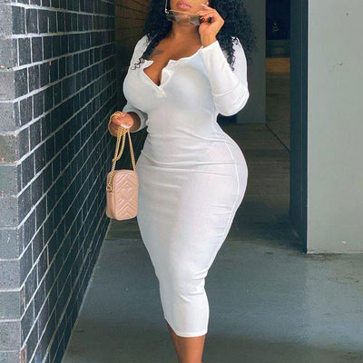 Solid V-Neck Long Sleeve Plus Size Dress