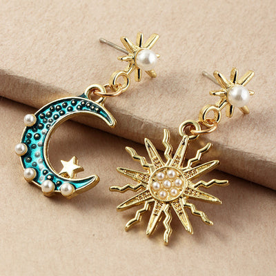 Sun Moon Pattern Beaded Drop Earring