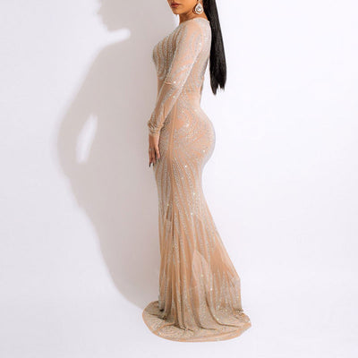 Rhinestone Long Sleeve Sheer Mesh Maxi Dress