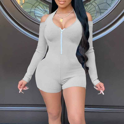 Solid Cold Shoulder Long Sleeve Romper