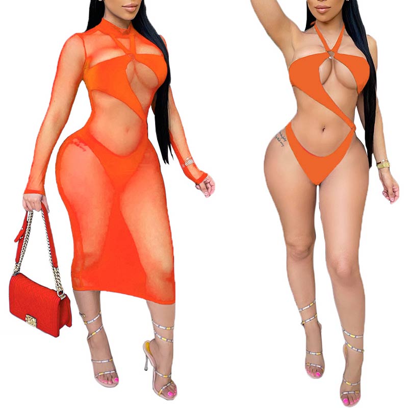 Solid Sheer Mesh Cover Up Two Piece Swimsuit Set