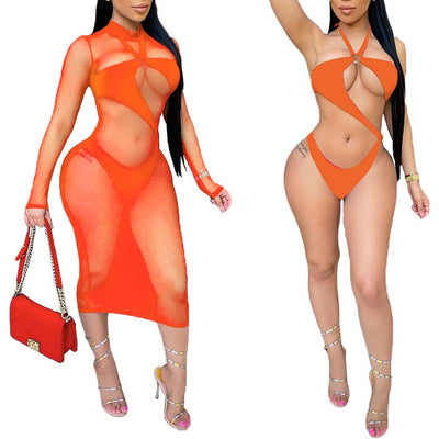 Solid Sheer Mesh Cover Up Two Piece Swimsuit Set
