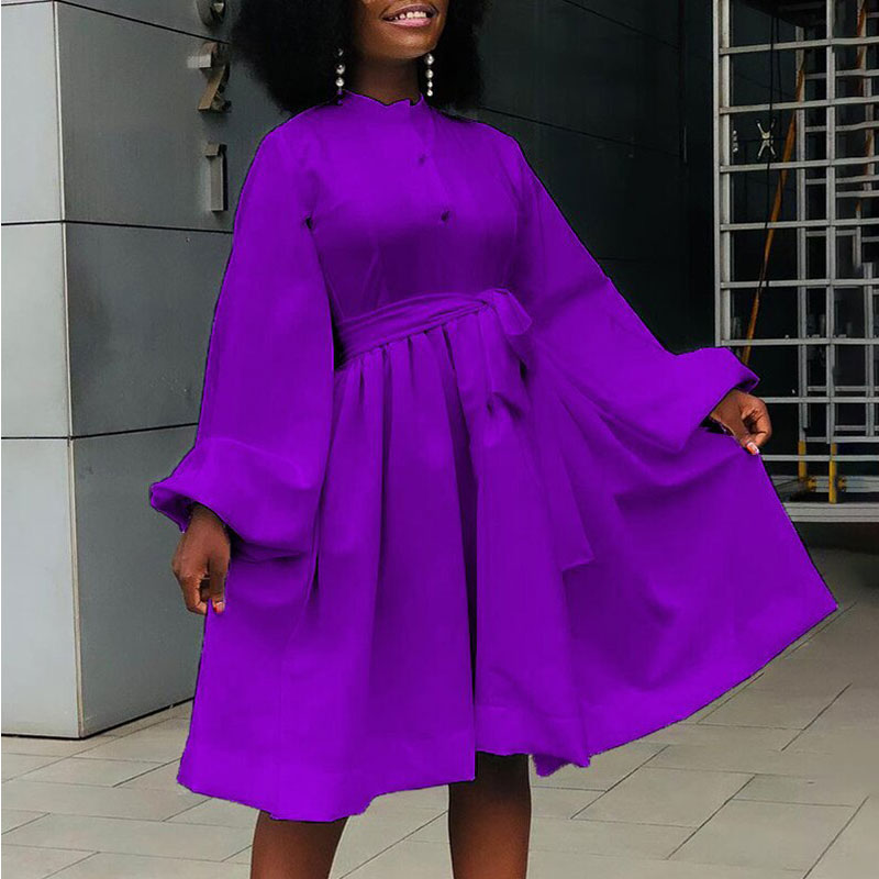 Solid Lantern Sleeve Button Detailed Pleated Dress