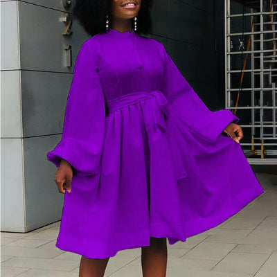 Solid Lantern Sleeve Button Detailed Pleated Dress