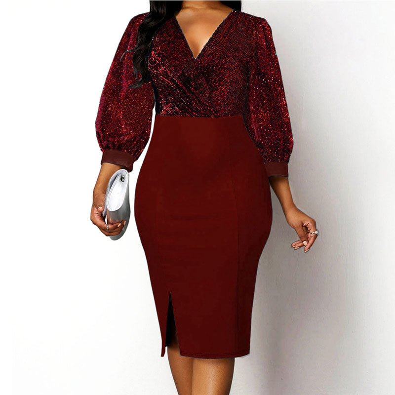 Glitter V-Neck Long Sleeve Bodycon Dress