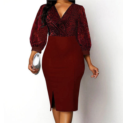 Glitter V-Neck Long Sleeve Bodycon Dress