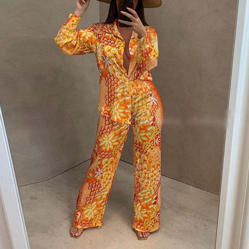 Floral Print Long Sleeve Blouse & Pants Set