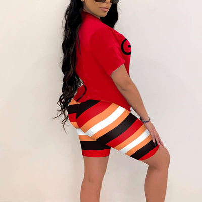 Letter Print Short Sleeve Striped Two Piece Shorts Set