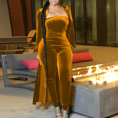 Solid Velvet Long Sleeve Coat & Jumpsuit Set