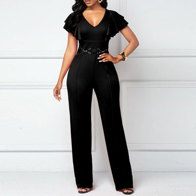 Solid Deep V-Neck Ruffle Design Jumpsuit