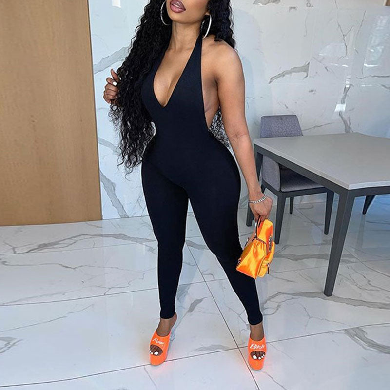 Solid Sleeveless Halter Backless Jumpsuit