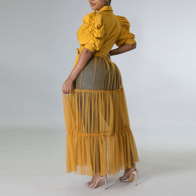 Solid Lantern Sleeve Sheer Mesh Patchwork Shirt Dress
