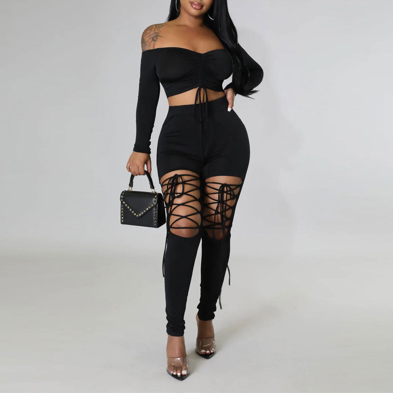 Solid Off Shoulder Long Sleeve Crop Top & Hollow Out Pants Set