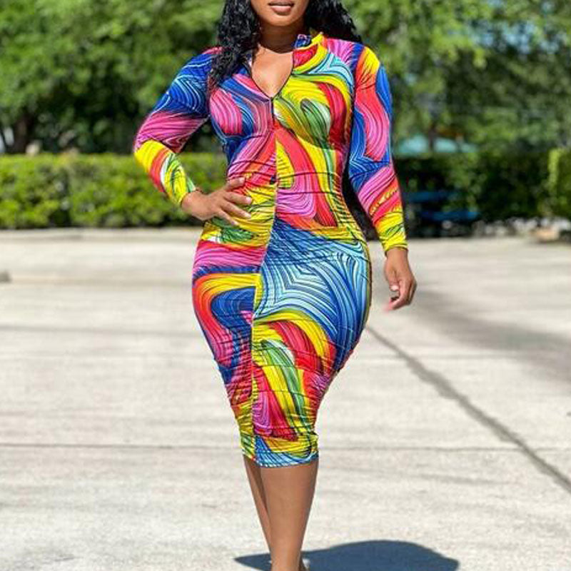 Tie-Dye Print Long Sleeve Ruched Bodycon Dress