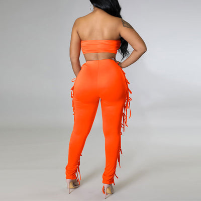 Solid Tube Top & Hollow Out Bandage Pants Set