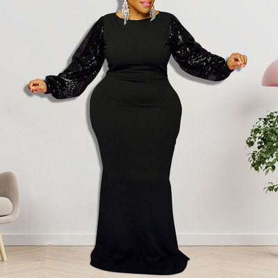 Sequins Round Neck Long Sleeve Floor-Length Plus Size Dress