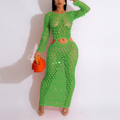 Sequins Hollow Out Long Sleeve Beach Dress