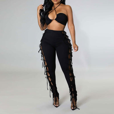 Solid Tube Top & Hollow Out Bandage Pants Set