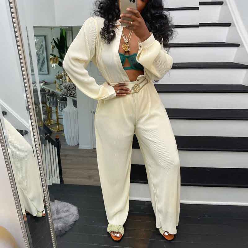 Solid Long Sleeve Button Detailed Blouse & Pants Set