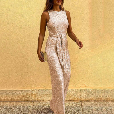 Glitter Round Neck Sleeveless Backless Sequins Jumpsuit - Cherrybetty