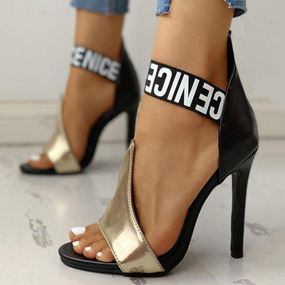 Letter Print Thin Heeled Sandals - Cherrybetty