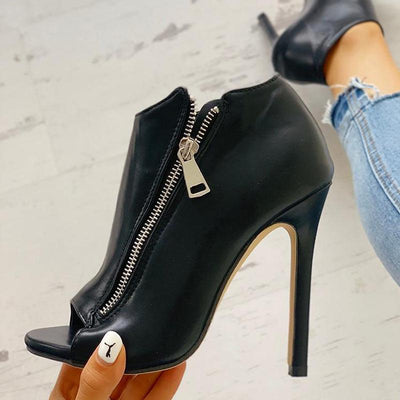 Zip Design Peep Toe Thin Heeled Boots - Cherrybetty